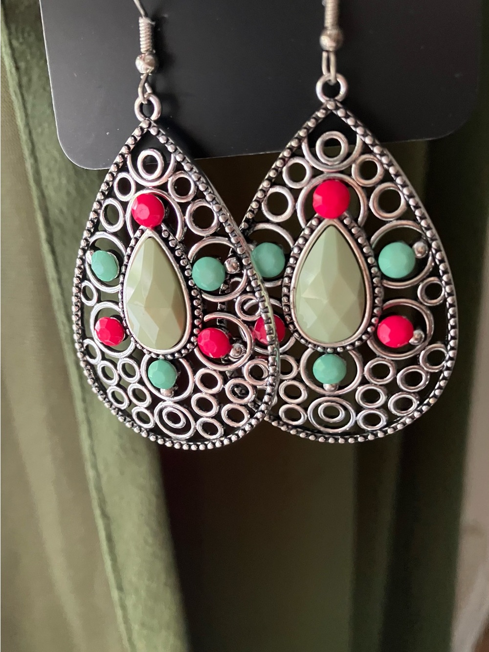 Multicolored beaded  silver filigree earrings